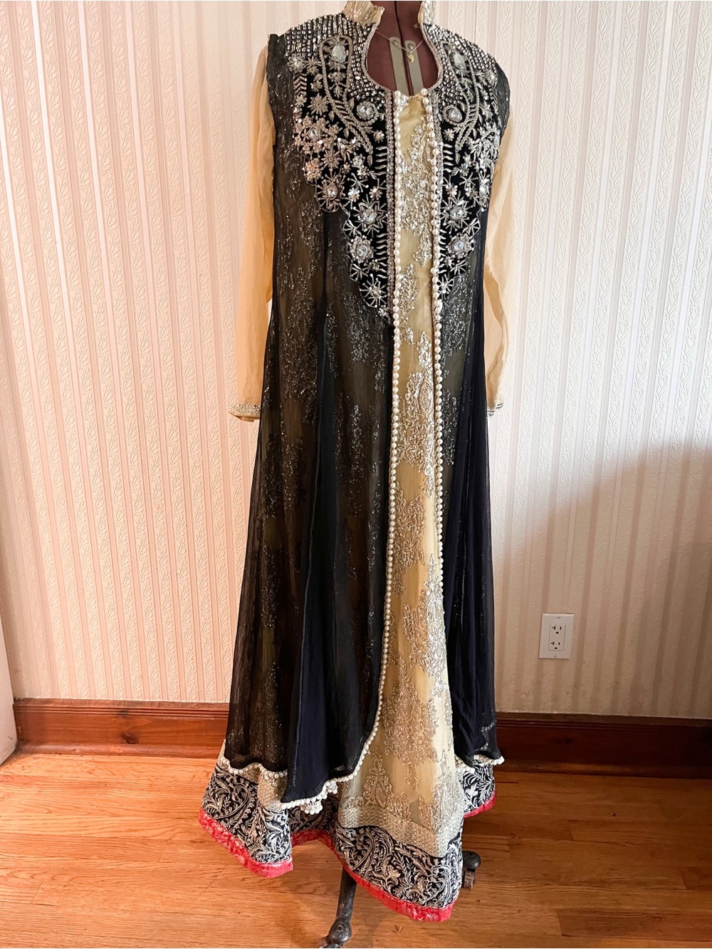 South Asian Formal Embroidered Black and Gold A-Line Women's Dress